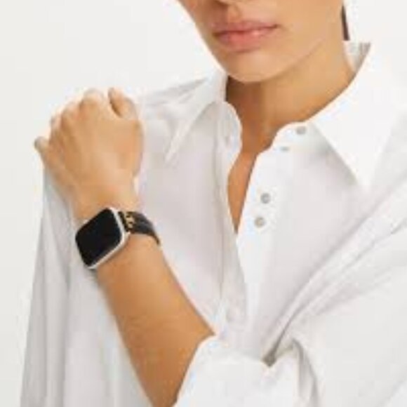 NEW Tory Burch The Kira Black Leather Strap Band For Apple Watch 11 42 Gold - Picture 7 of 7